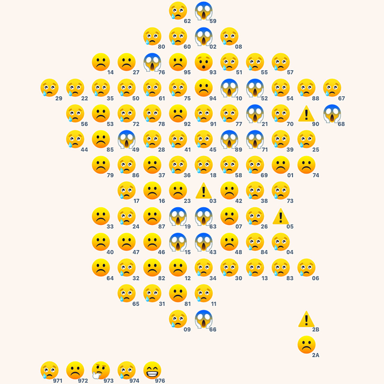 La "trouillocarte" du Covid-19 au 1er mai en France métropolitaine et outre-mer.