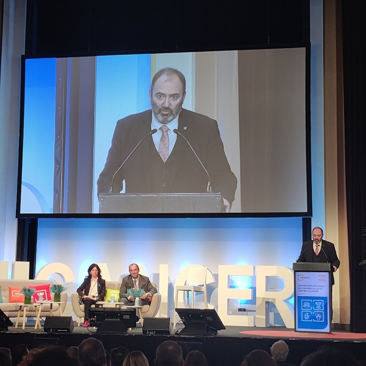 Sophie Beaupère et Jean-Yves Blay, déléguée générale et président d'Unicancer, estiment s'appuyer sur des bases solides pour déployer dans les centres de lutte contre le cancer une innovation saluée par François Braun. (Perrine Debacker)