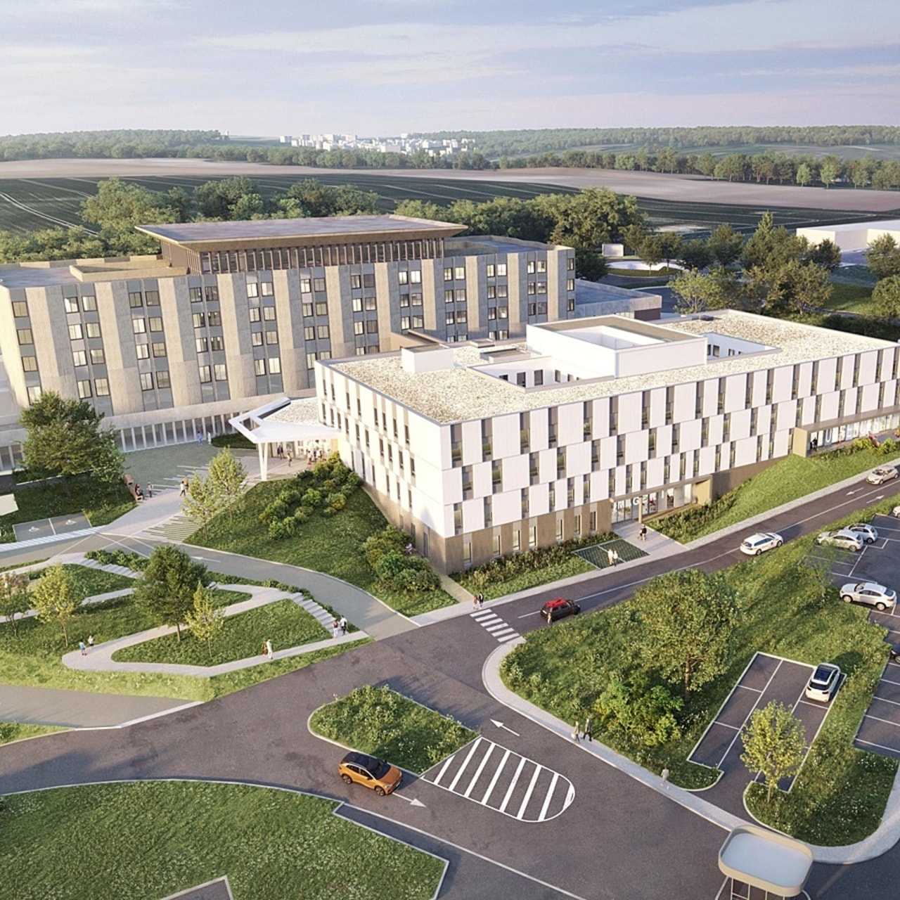 Selon le calendrier avancé, le projet d'extension du CH de Château-Thierry devrait être livré au deuxième trimestre 2027. (CRR Architecture)