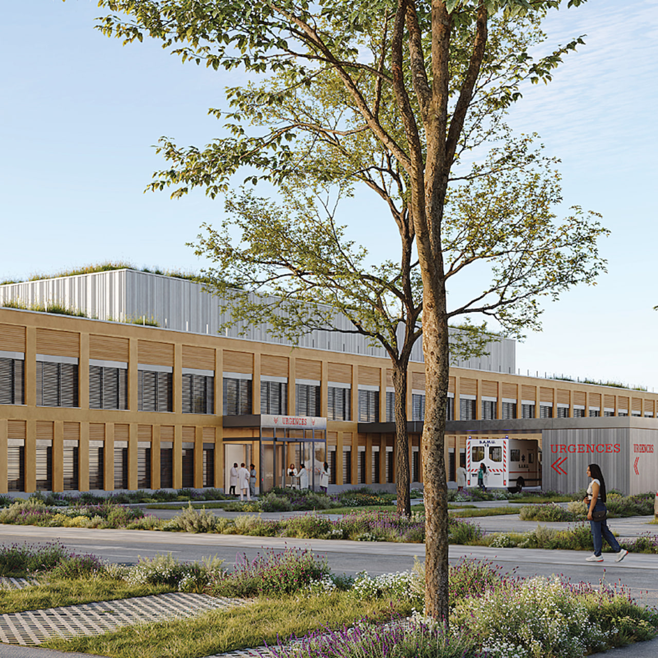 La livraison du futur hôpital du Sud-Aveyron sur le site de Vergonhac est prévue en octobre 2029. (Brunet Saunier et associés/Tognella Architecture)