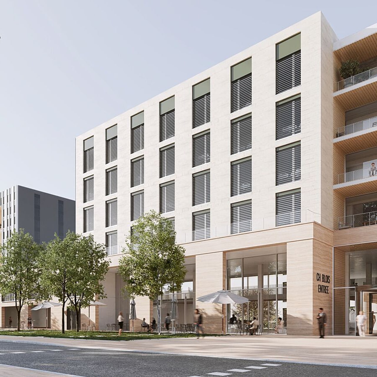 L'extension au bâtiment principal dans le prolongement du bâtiment principal, qui accueillera les services de spécialités de médecine et de chirurgie, sera construite à partir de 2029. (Brunet Saunier architecture)