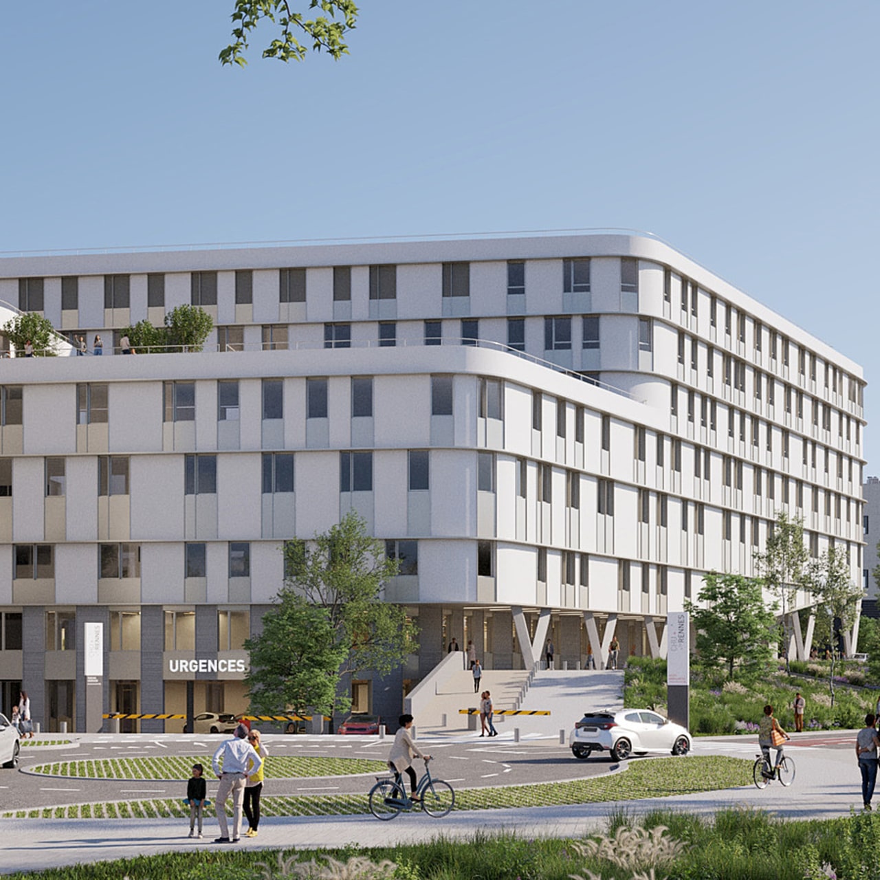 Le bâtiment femme-mère-enfant sera surélevé pour permettre un accès au parvis du site Pontchaillou en passant sous cet édifice. (Artbuild)