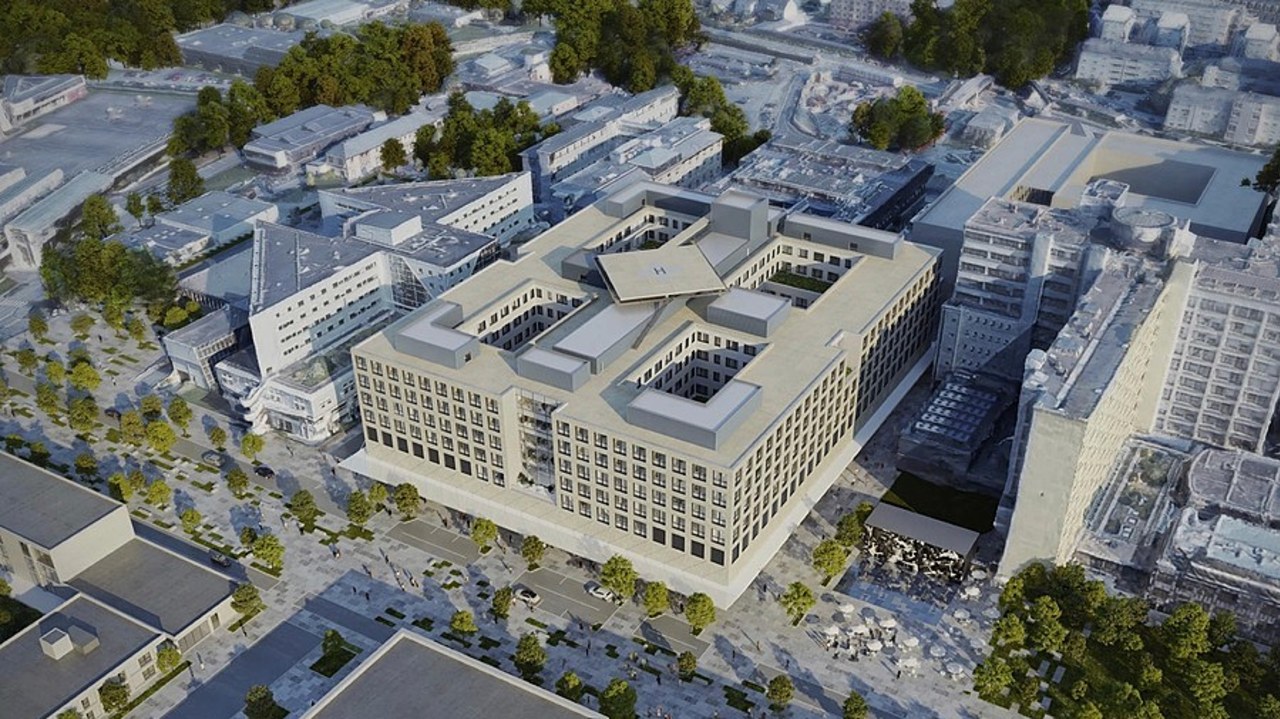 En cours de construction, le futur centre chirurgical et interventionnel sera le "cœur chaud" du nouveau CHU de Rennes. Il affiche un design atemporel à la fois classique et résolument contemporain. (CHU Rennes)