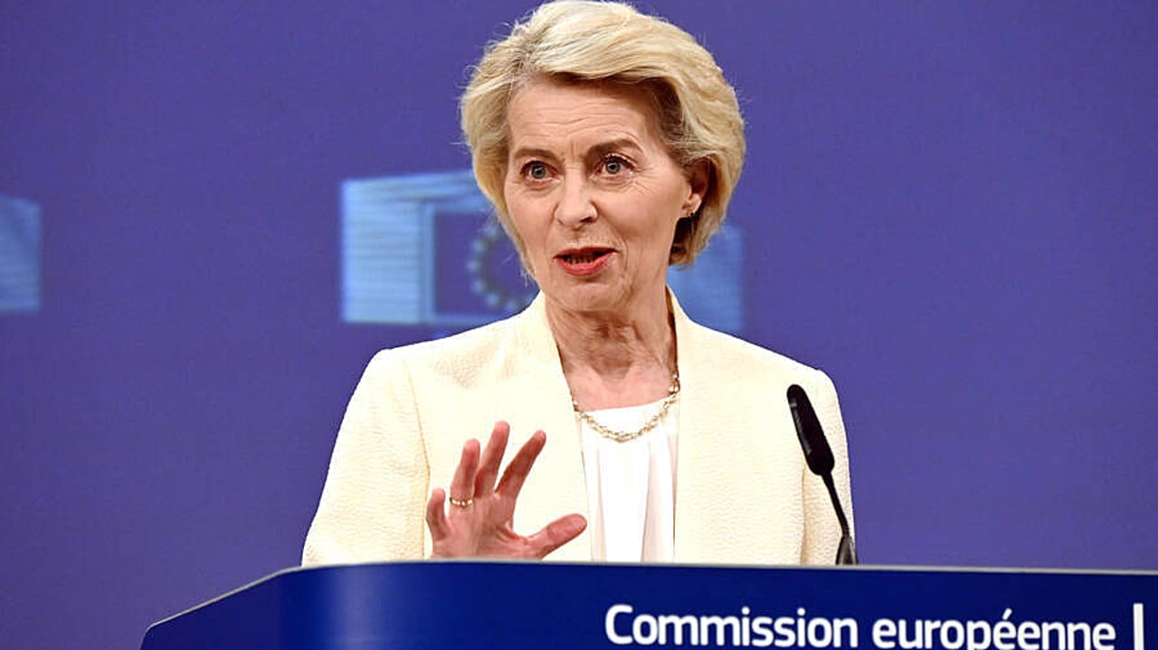 Ursula von der Leyen, présidente de la Commission européenne, présente sa proposition de cadre financier pluriannuel pour 2028-2034 depuis Bruxelles (Belgique) le 16 juillet 2025. (Ansgar Haase/DPA/SIPA)