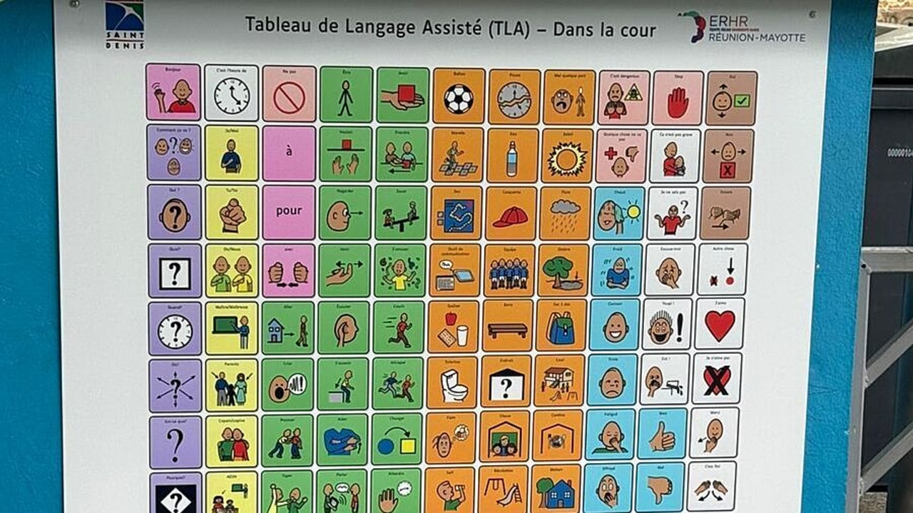 Les tableaux de langage assisté vont progressivement être installés dans les cours de toutes les écoles de la ville cette année. (ERHR Réunion Mayotte)