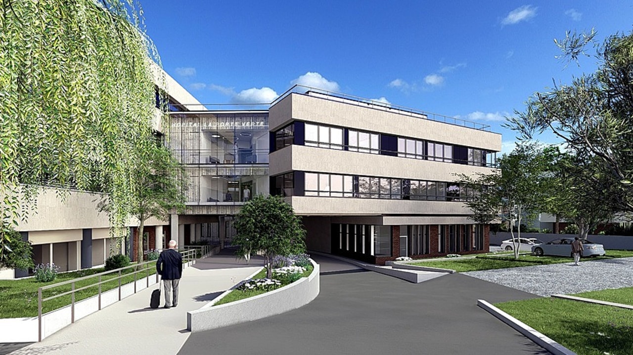 À l'hôpital La Porte-Verte, les travaux d'extension sont l'occasion non seulement de bâtir une extension mais aussi de moderniser le plateau ambulatoire et de rééducation ainsi que de repenser les espaces de travail et de circulation. (UNHI/Univi)