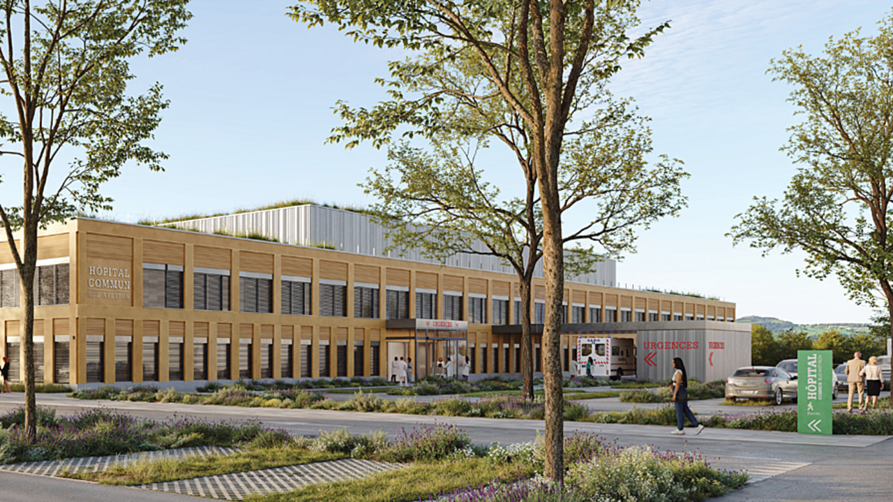 La livraison du futur hôpital du Sud-Aveyron sur le site de Vergonhac est prévue en octobre 2029. (Brunet Saunier et associés/Tognella Architecture)