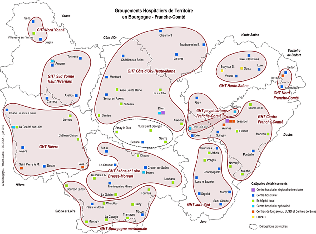 Le périmètre des GHT de Bourgogne-Franche-Comté (à télécharger ci-dessous pour une meilleure définition)