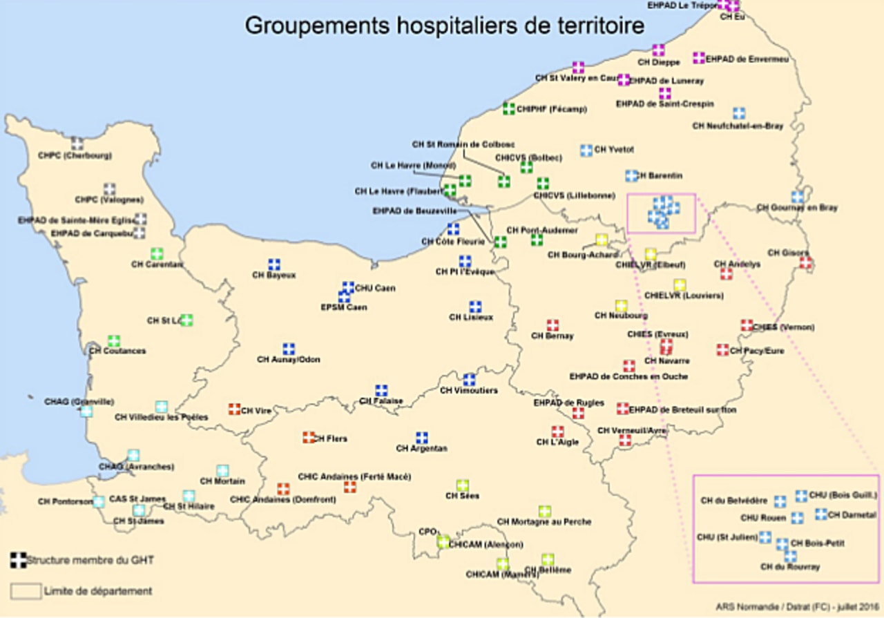 Les 56 établissements publics de santé et les 11 ESMS répartis dans les GHT