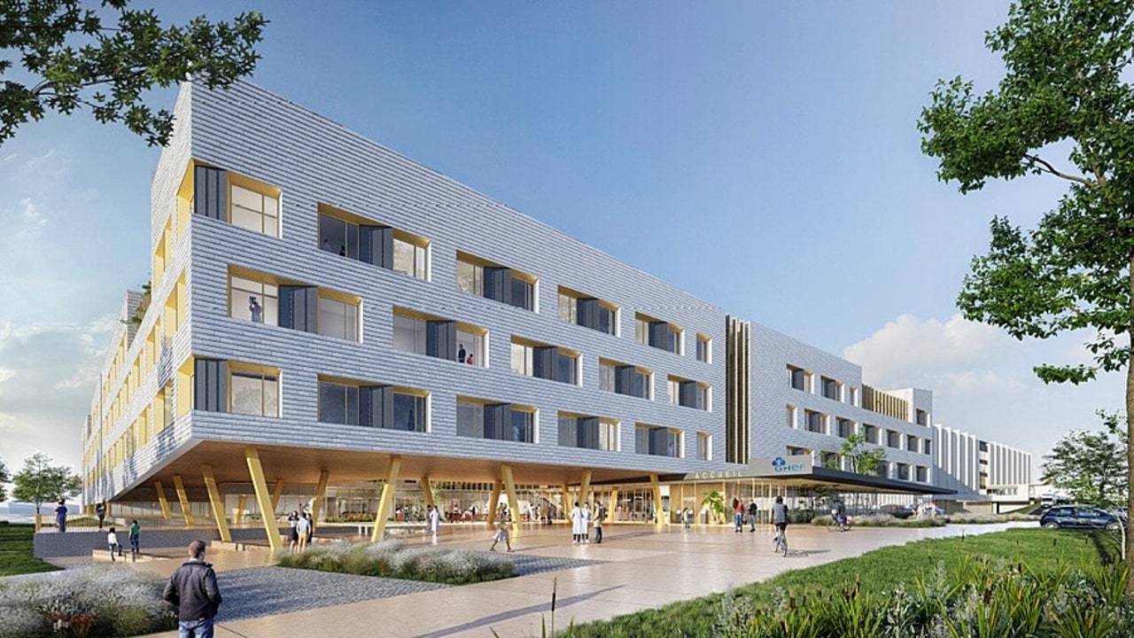 Le nouveau bâtiment MCO-psychiatrie de l'hôpital de Meaux doit être livré fin août 2024. Il représentera à lui seul 461 lits et places répartis en 5 niveaux. (AIA Architectes)