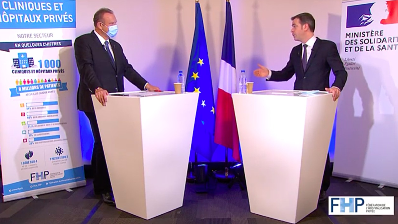 Les dossiers d'actualité de l'hospitalisation privée ont été passés en revue lors d'un entretien en direct entre le ministre de la Santé et le président de la FHP. (Capture d'écran FHP/YouTube)