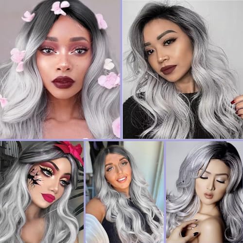 Vue 4 de Perruque Longue Grise Pour