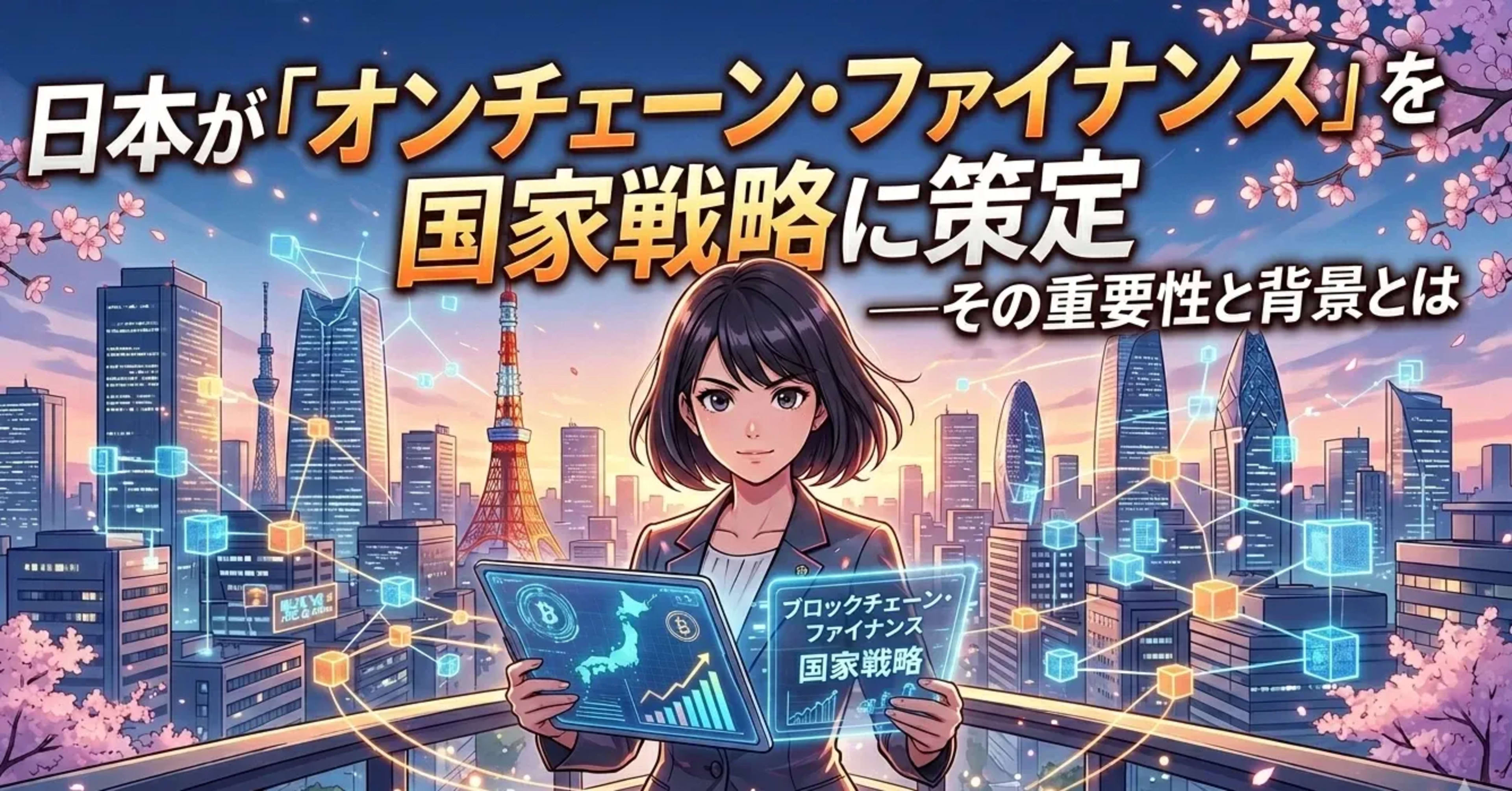 夕暮れの東京を背景に、透明なタブレットを持つスーツ姿の女性のアニメイラスト。「日本が『オンチェーン・ファイナンス』を国家戦略に策定」というテキスト。