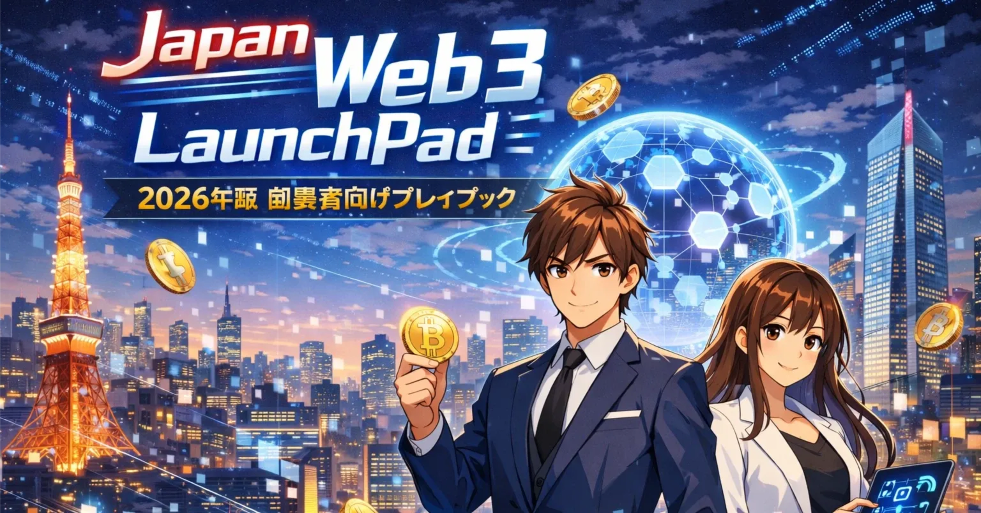 東京タワーの夜景と浮遊するビットコインを背景に、ビジネスウェアを着た2人のアニメキャラが描かれた「Japan Web3 LaunchPad 2026」の画像。