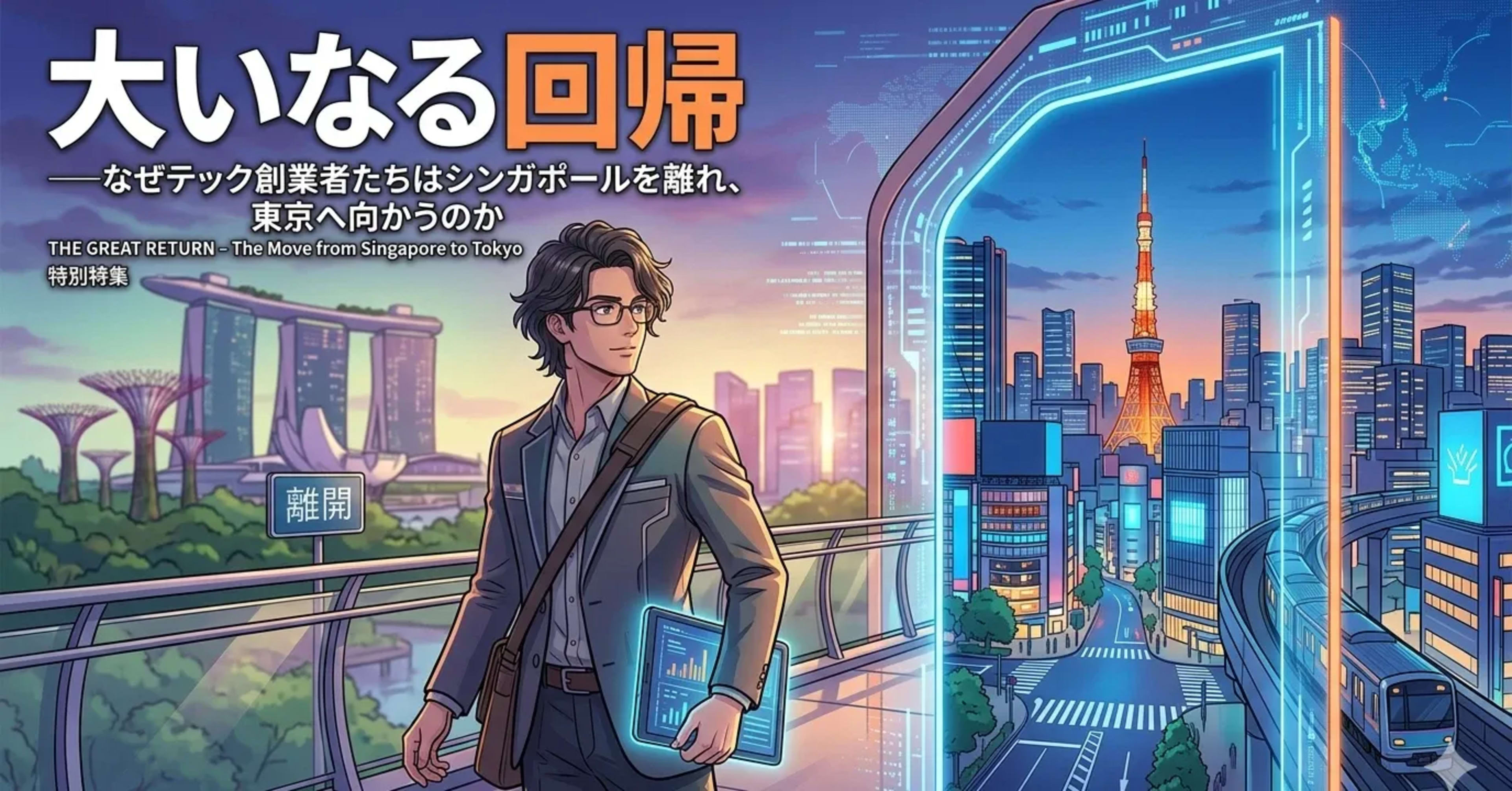 シンガポールの風景から東京へ続くゲートへと歩く男性のイラスト。「大いなる回帰 — なぜテック創業者たちはシンガポールを離れ、東京へ向かうのか」というテキスト。
