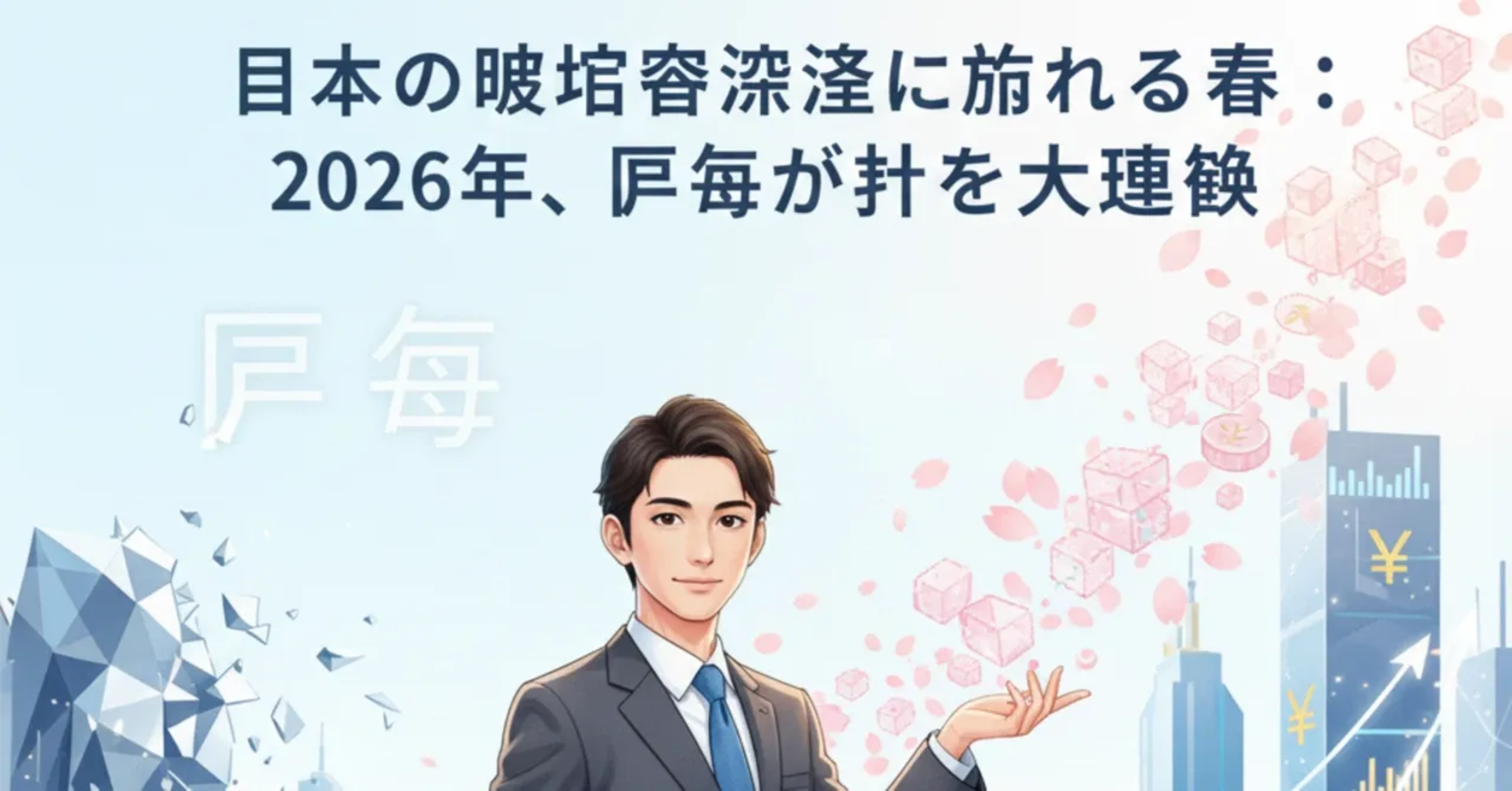 ブロックチェーンキューブ・桜・円記号と都市背景の中、Web3を紹介するビジネスマンのイラスト——2026年日本のWeb3の春。