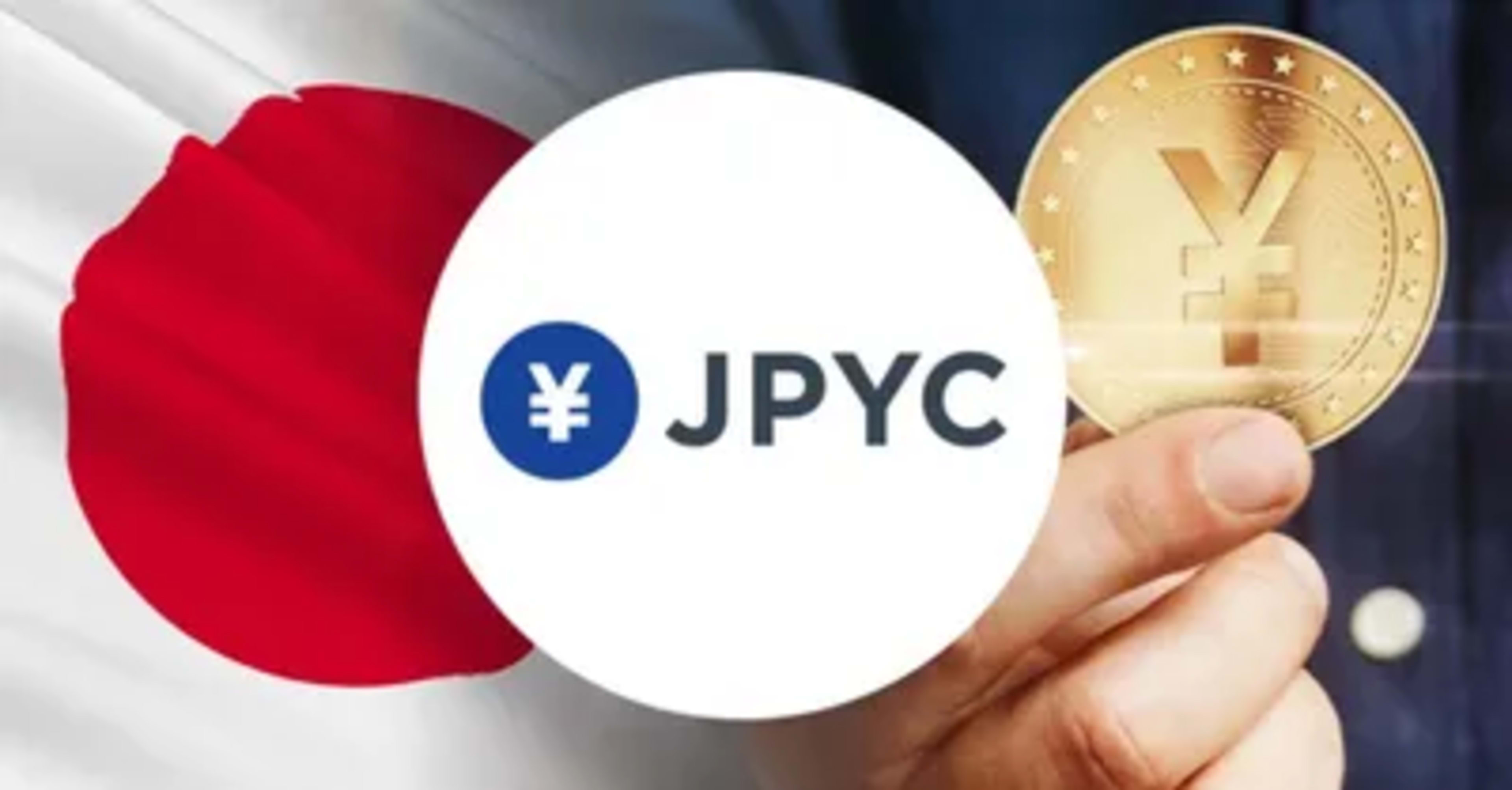 日本国旗と円マーク金貨を持つ手、JPYCロゴ——日本円連動型ステーブルコイン。