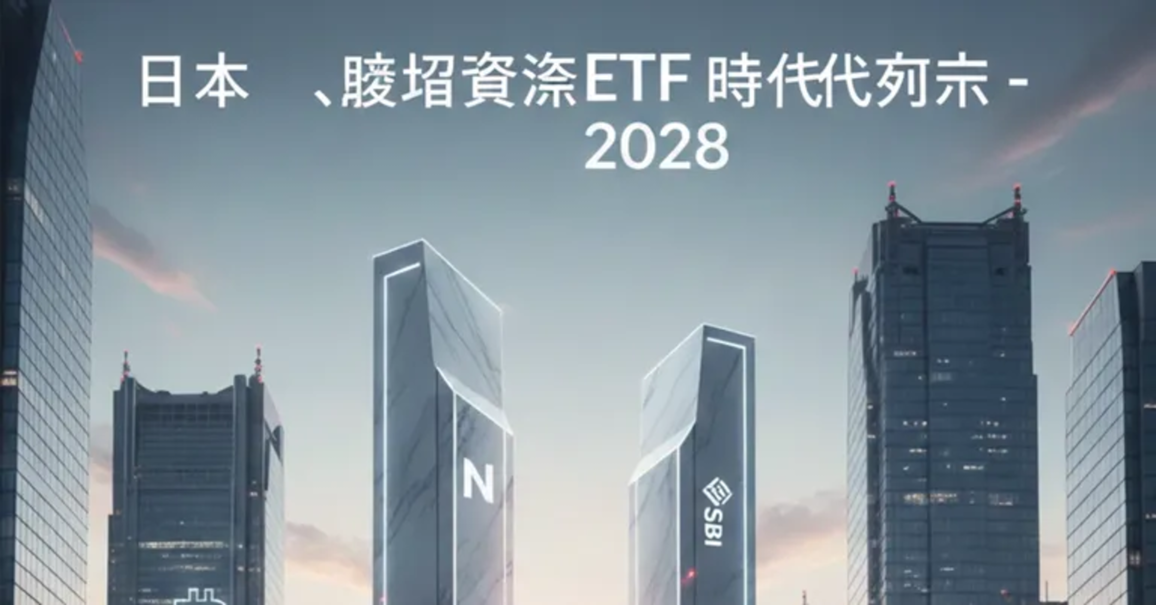 SBIブランドのタワーが並ぶ未来都市——2028年に向かう日本の暗号資産ETF時代。