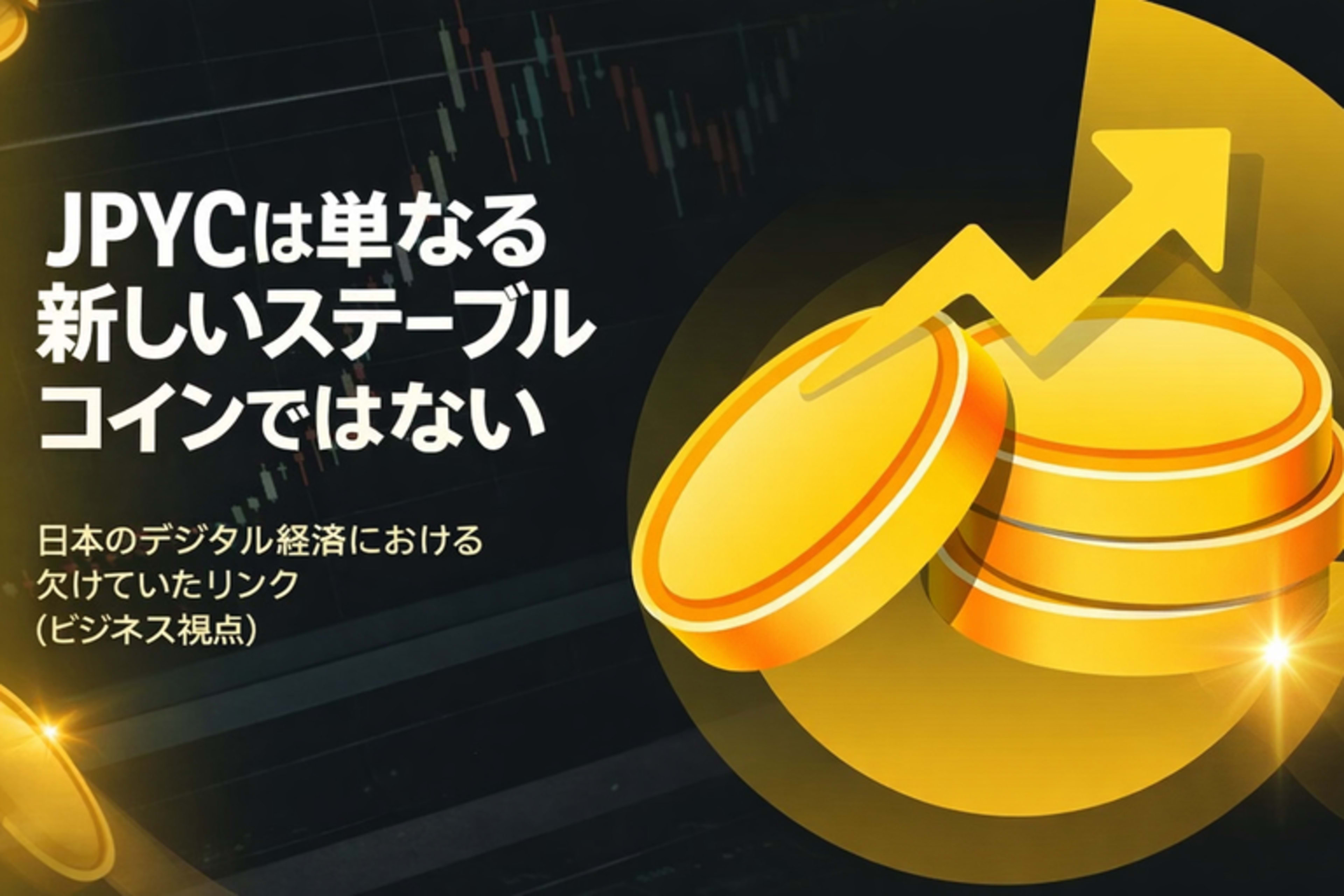 ローソク足チャートと上昇矢印の金貨——「JPYCは単なる新しいステーブルコインではない」日本のデジタル経済をつなぐ存在
