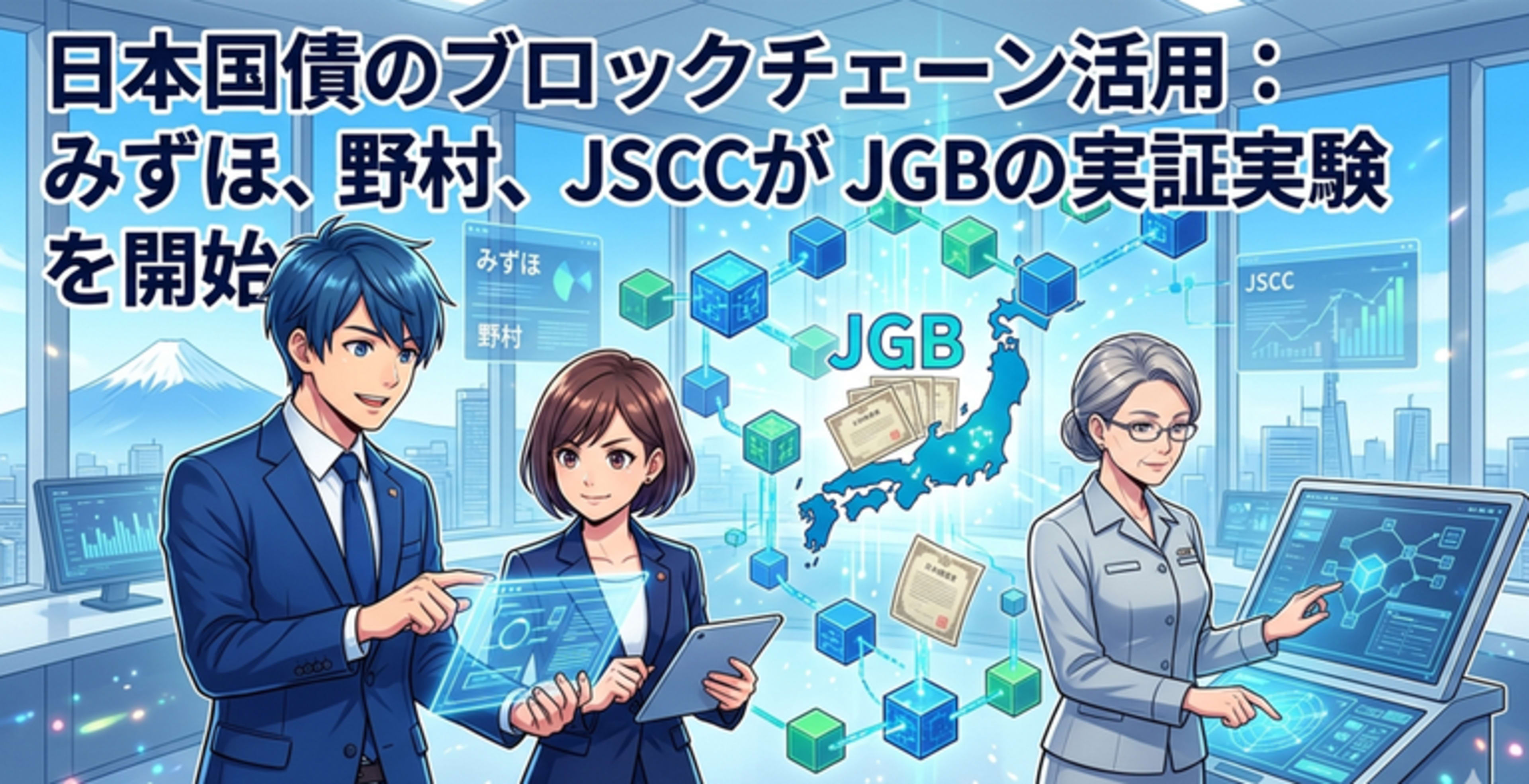 ハイテクなオフィスで3人の専門家が協力するアニメスタイルのイラスト。背景には「JGB BLOCKCHAIN PILOT PROGRAM COMMENCED」の文字、日本地図、国債証券、デジタルデータキューブが描かれています。みずほ、野村、JSCCのロゴも描写されています。