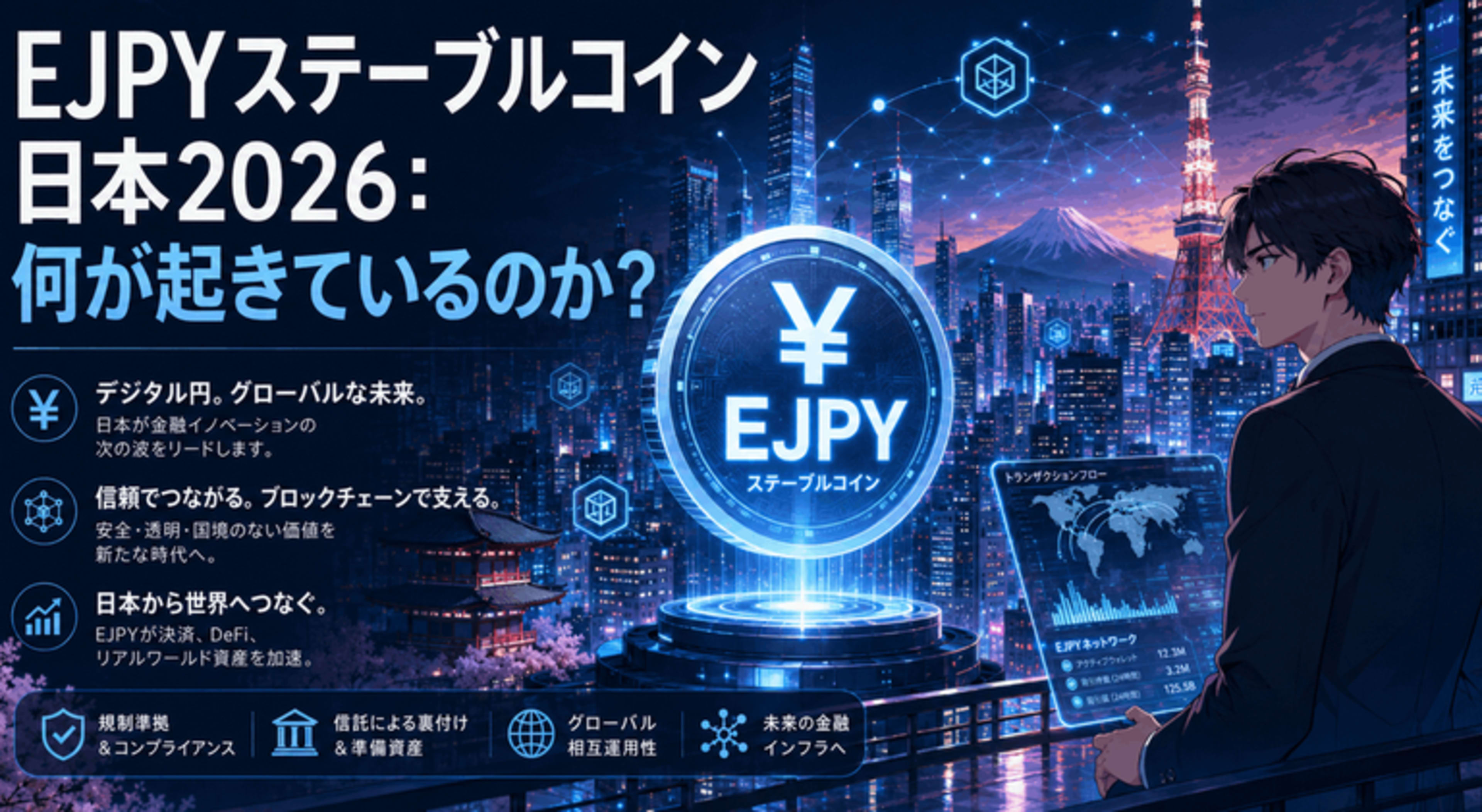EJPY Stablecoin Japan 2026 をテーマにした、東京の夜景とデジタル円のアニメ風カバー画像。