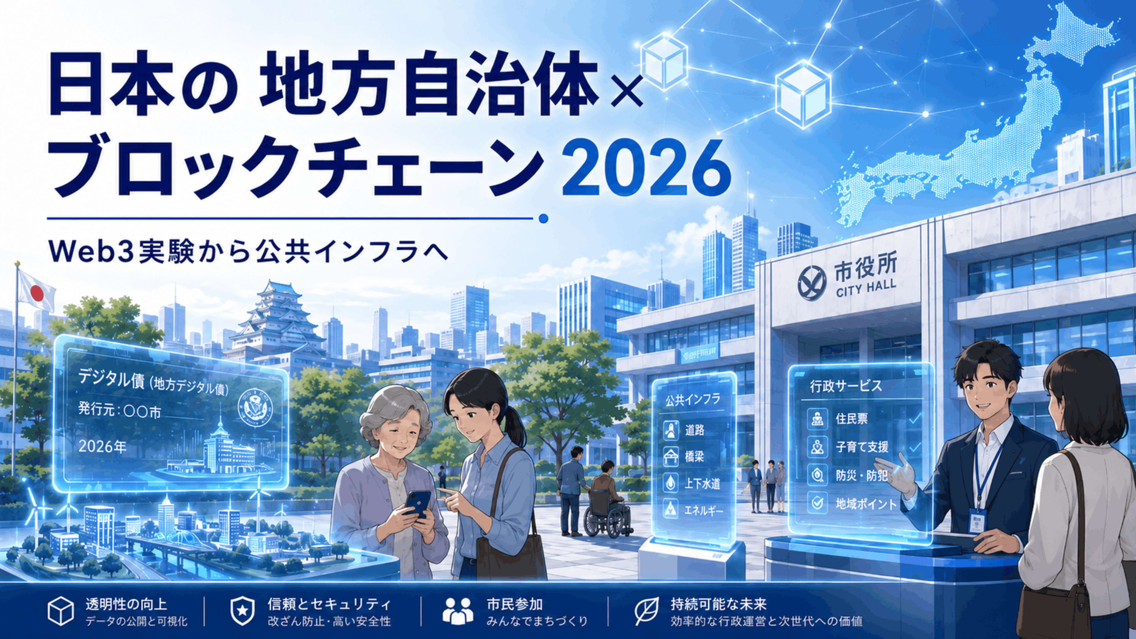 Anime-style illustration of Japan Local Blockchain adoption, showing a futuristic Japanese city hall, digital bond panels, civic service screens, citizens, and blockchain networks.