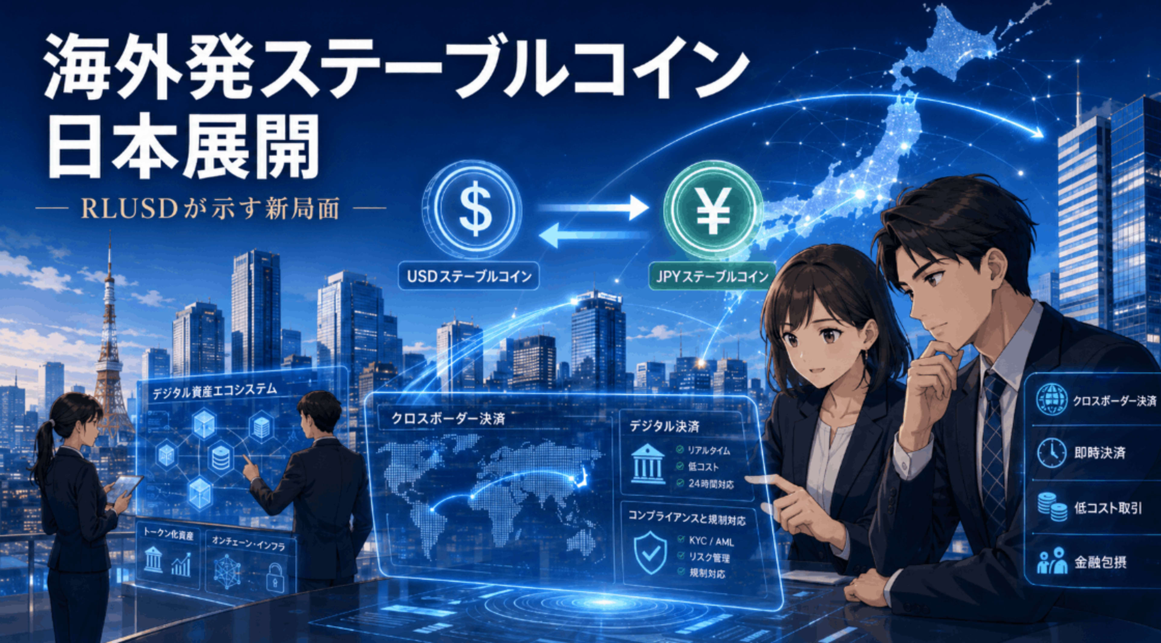 海外発ステーブルコインの日本展開をテーマに、東京の金融街、USD・JPYステーブルコイン、クロスボーダー決済を描いたアニメ風カバー画像。
