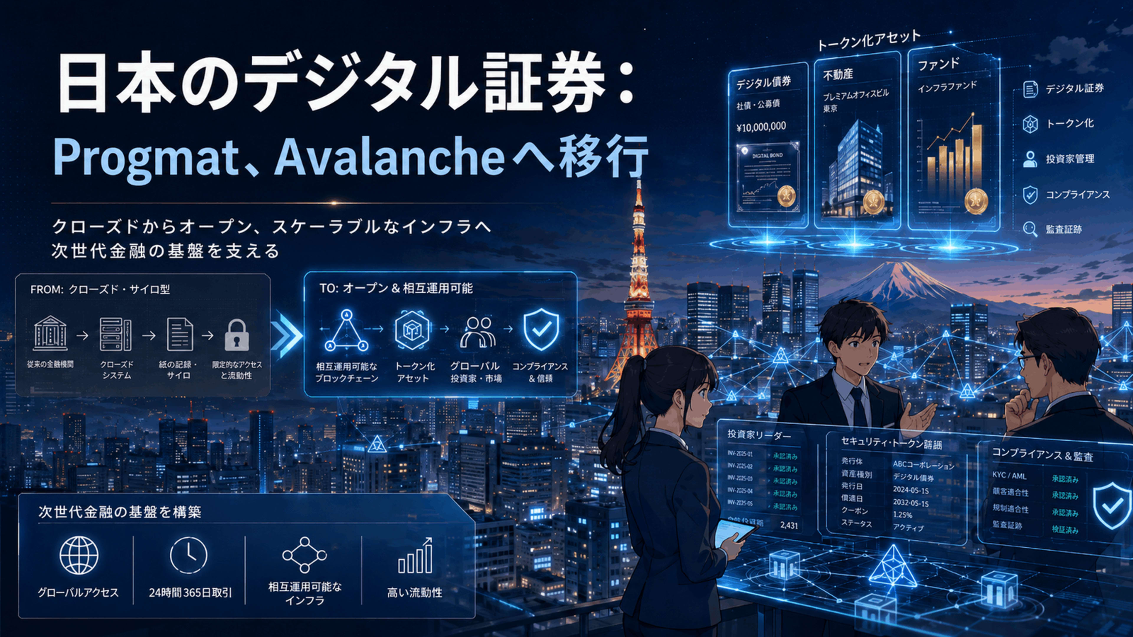 日本のデジタル証券とProgmatのAvalanche移行をテーマに、東京の金融街、トークン化資産、投資家管理、コンプライアンス基盤を描いたアニメ風画像。