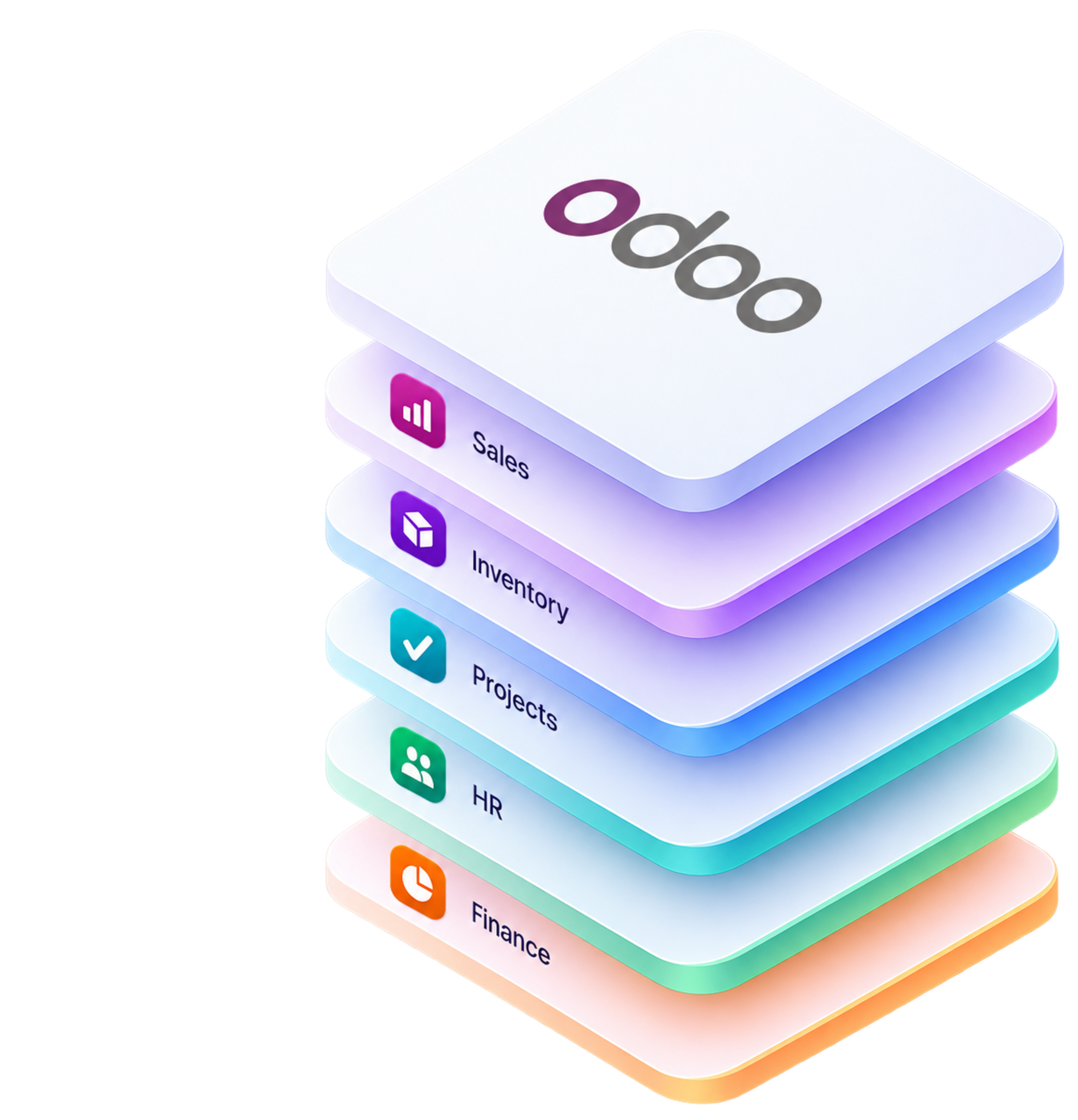Odoo modules - sales, inventory, projects, HR and finance - stacked as one connected business platform
