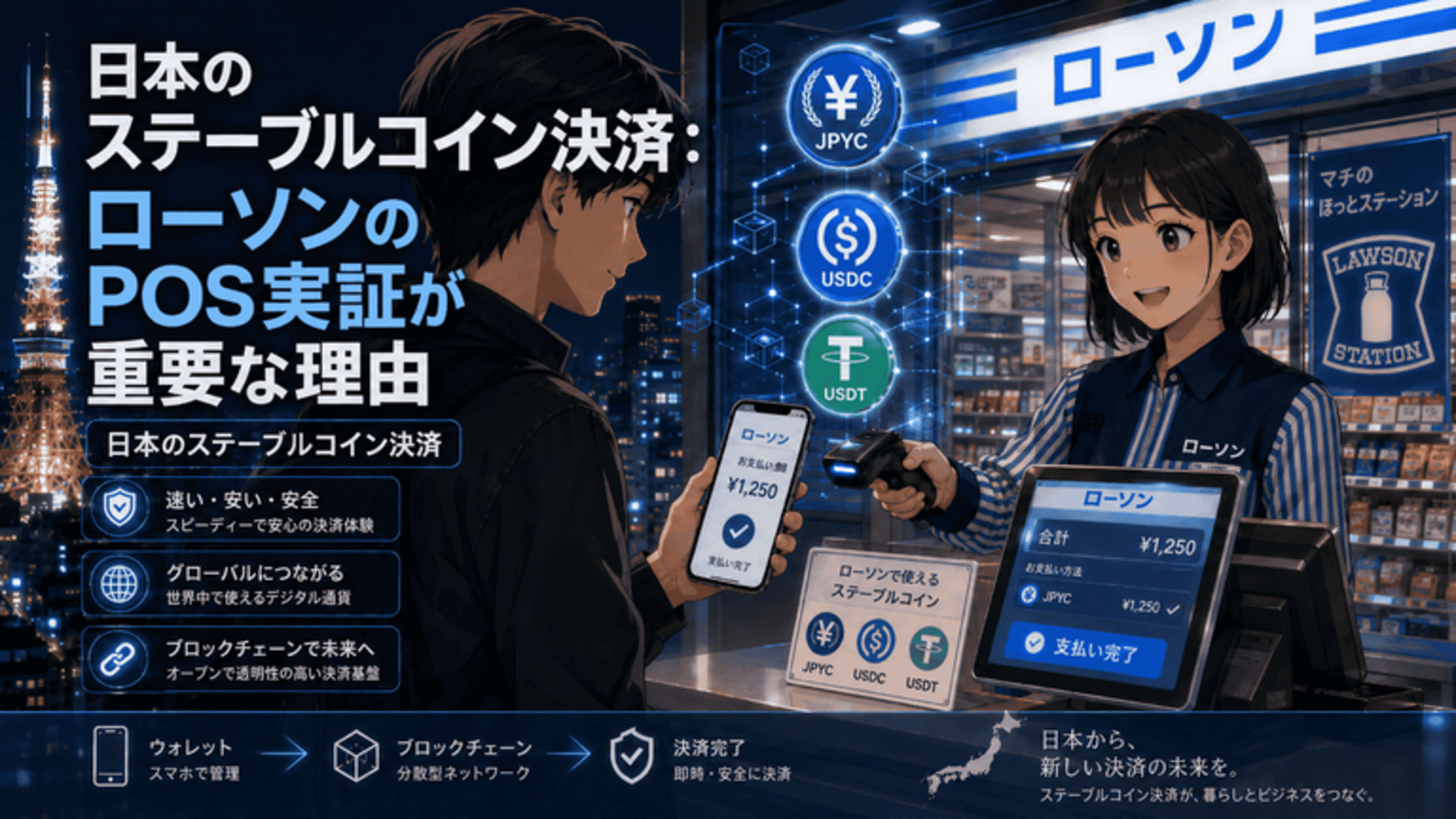 日本のステーブルコイン決済をテーマに、ローソンのレジでスマートフォンを使ってJPYC・USDC・USDTによる決済を行う様子を描いたアニメ風画像。