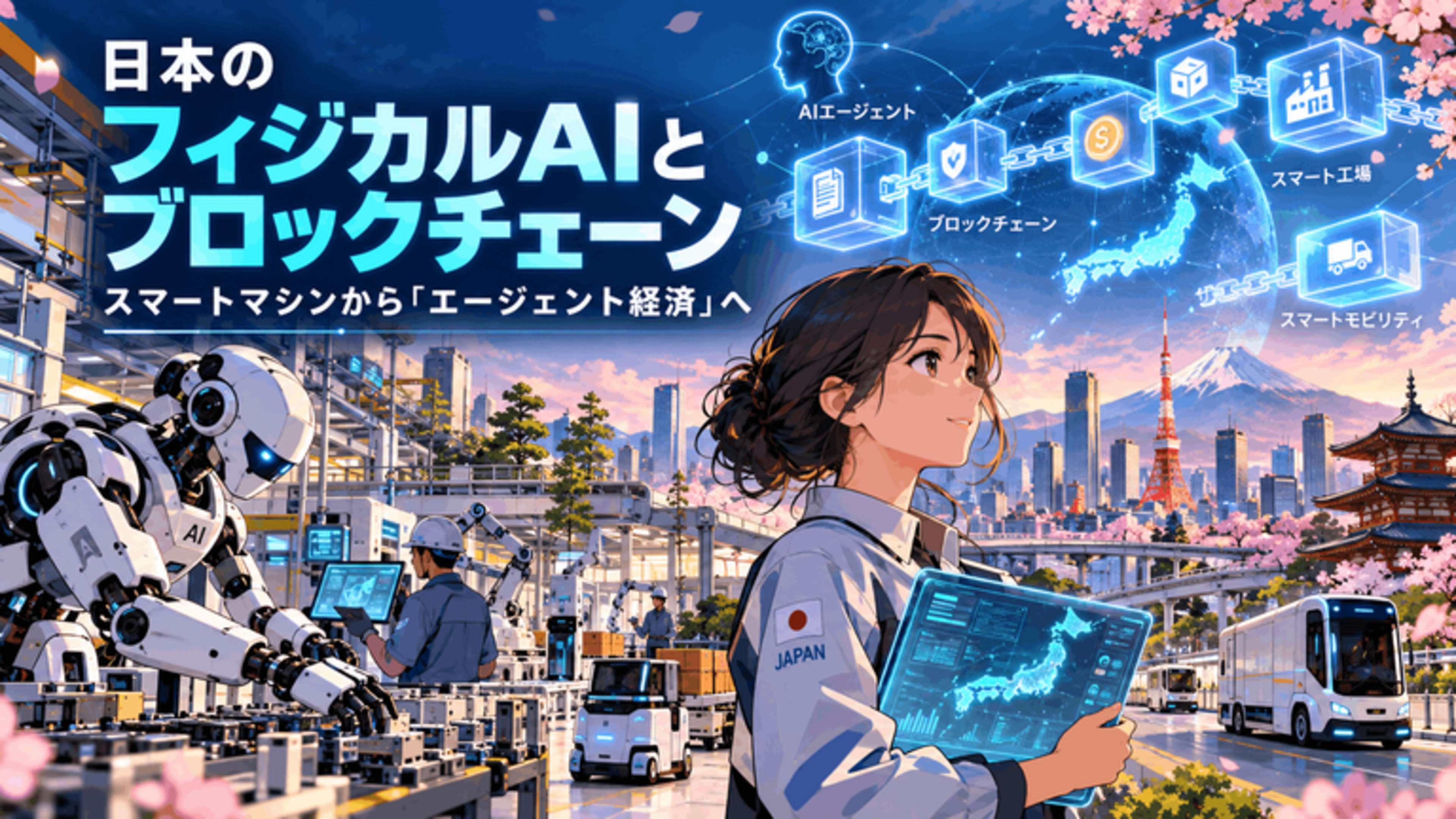 日本のフィジカルAIとブロックチェーンを表現したアニメ風イラスト。AIロボット、スマート工場、自律型モビリティ、AIエージェント、ブロックチェーンネットワークを描写。