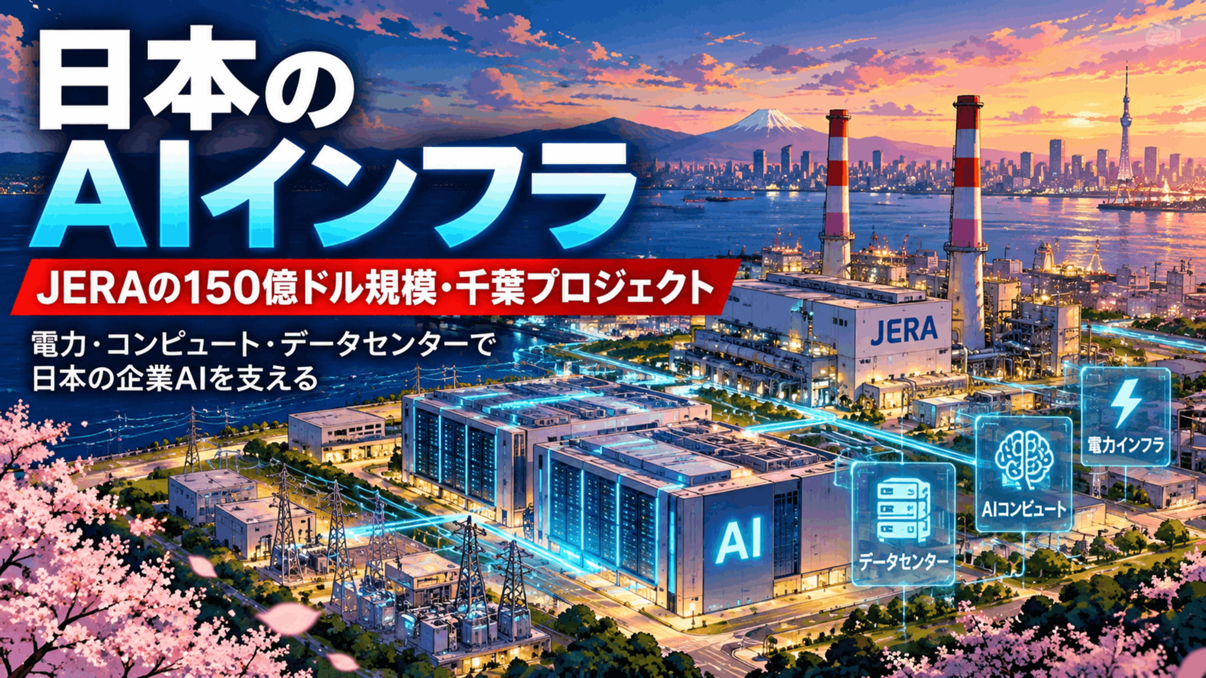日本のAIインフラをテーマに、JERAの千葉プロジェクト、発電所、AIデータセンター、電力インフラ、AIコンピュートを描いたアニメ風カバー画像。