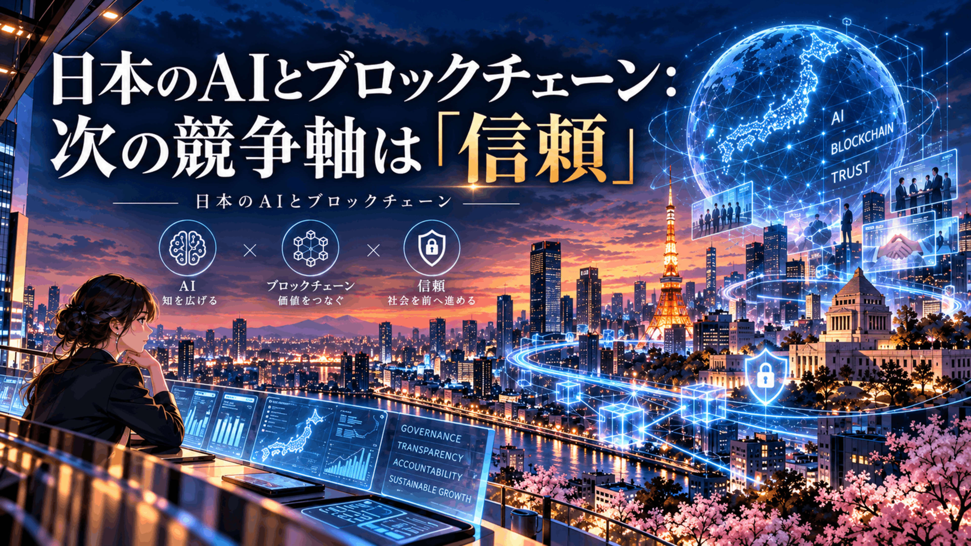 日本のAIとブロックチェーンをテーマに、東京の夜景、AIネットワーク、日本地図を映すデジタル地球儀、ブロックチェーン、信頼を象徴するセキュリティ技術を描いたアニメ風イラスト。