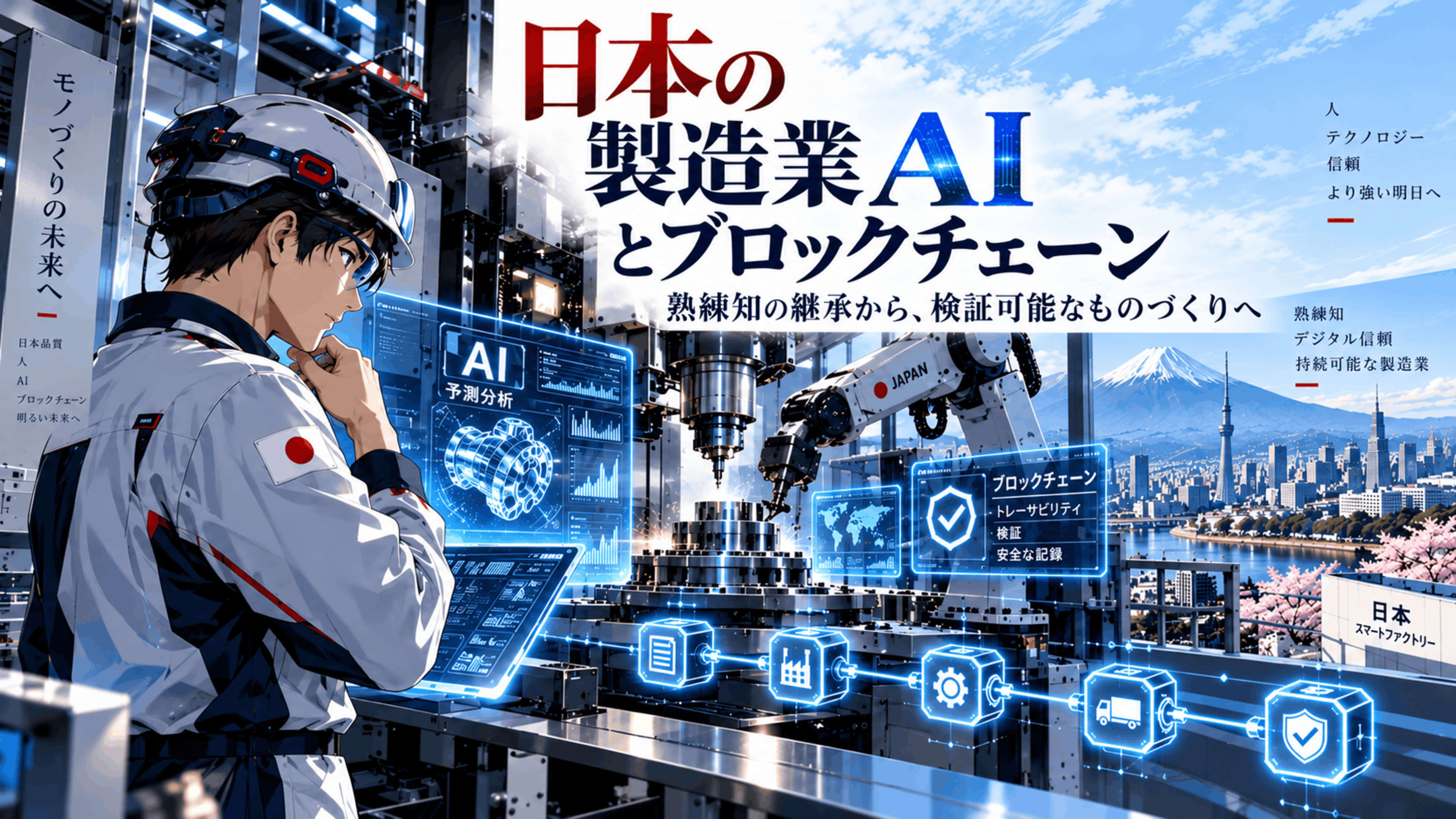 日本の製造業AIとブロックチェーンをテーマに、熟練技術者、CNC工作機械、産業用ロボット、AI分析画面、製造履歴のトレーサビリティを描いたアニメ風イラスト。