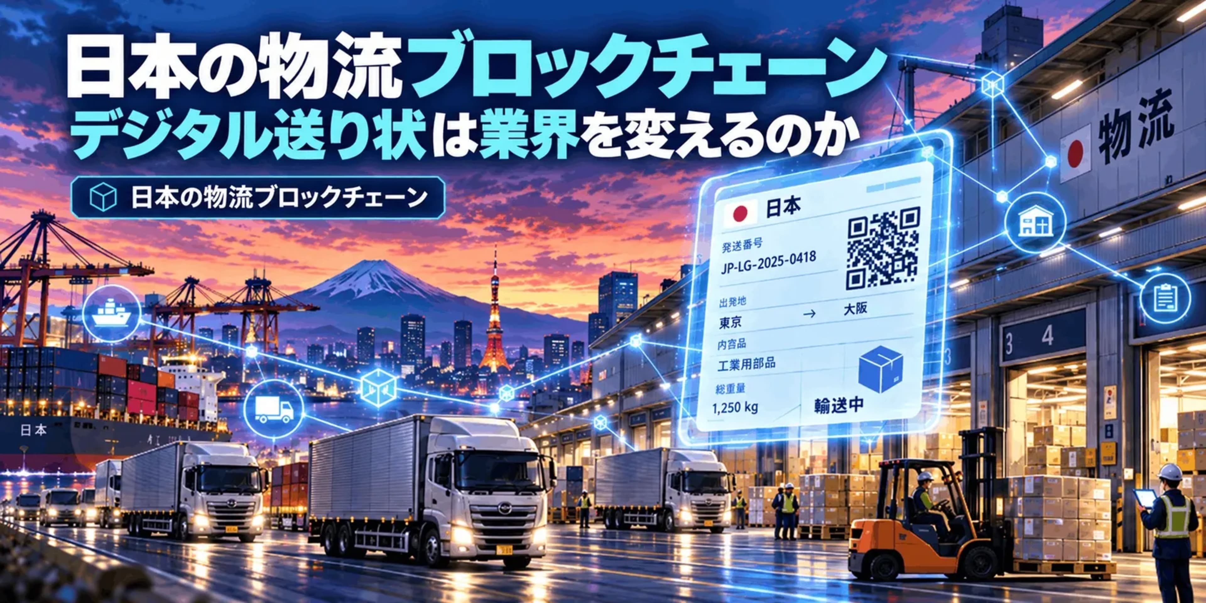 日本の物流ブロックチェーンをテーマに、港のコンテナ船とクレーン、富士山と東京タワー、走行するトラック、物流倉庫とフォークリフト、QRコード付きのデジタル送り状がブロックチェーンのネットワークでつながる様子を描いたイラスト。