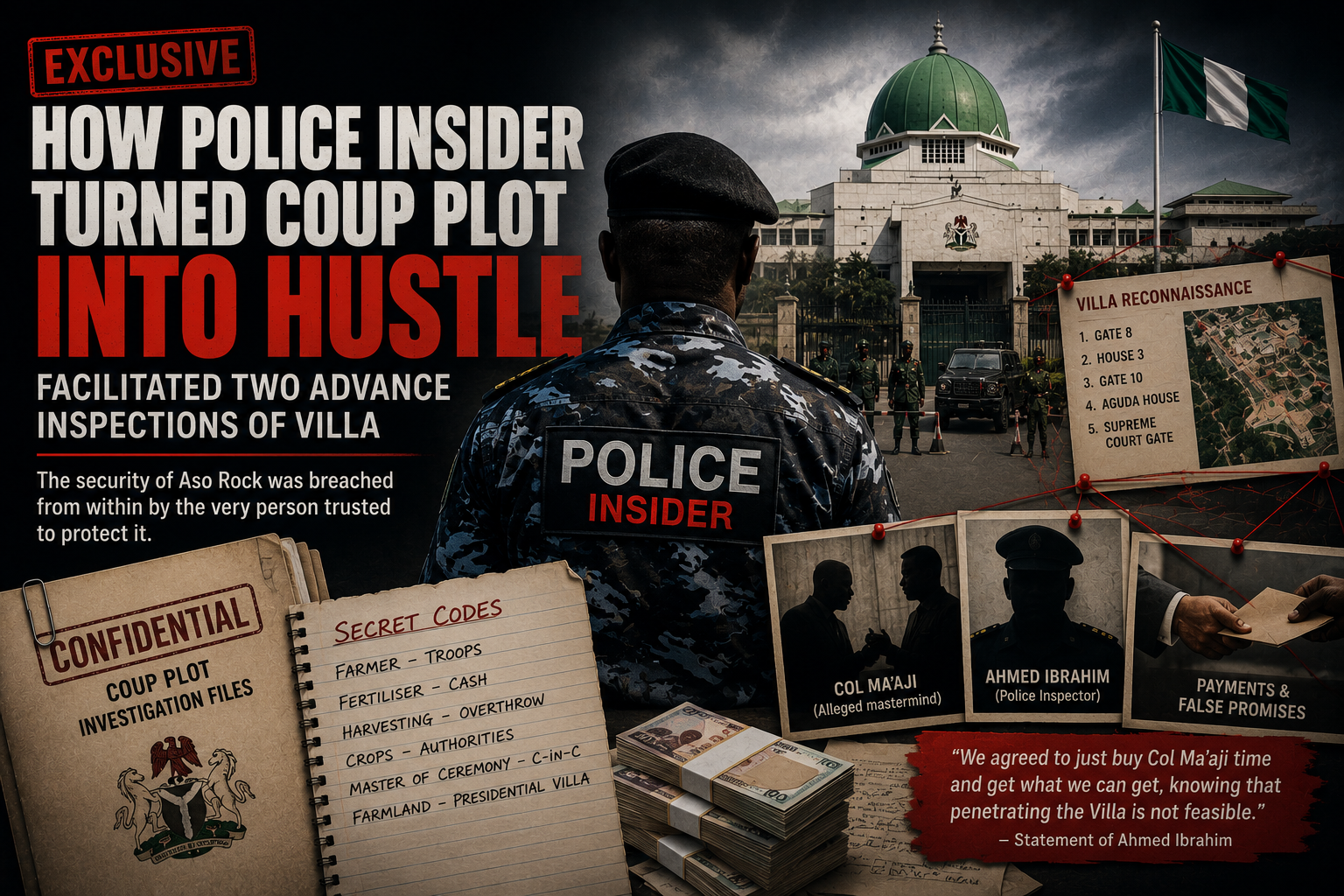 Court documents detail allegations that a Presidential Villa police officer deceived suspected coup plotters while allowing reconnaissance visits