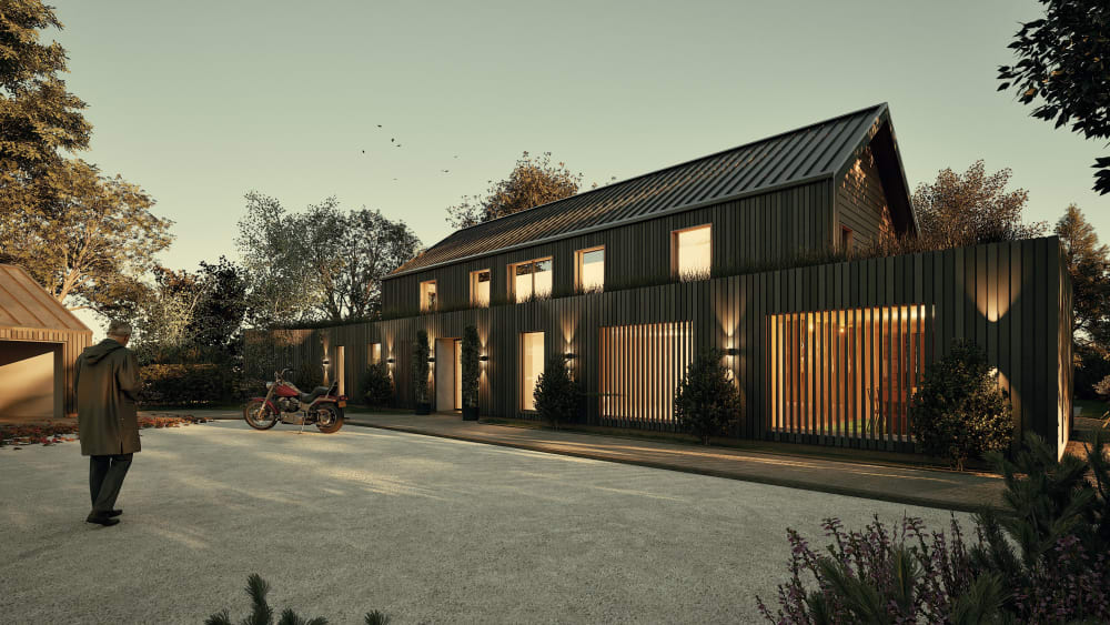 Modern dark-clad barn-style home with vertical siding, illuminated windows at dusk, featuring green roof extension