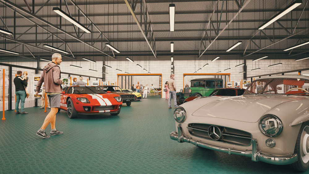 Classic car museum interior rendering showing vintage Mercedes, Ford GT, and other collectible vehicles with visitors browsing