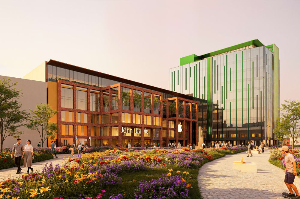 Modern mixed-use development featuring John Lewis store with brick facade, Apple retail space, and green-accented office tower