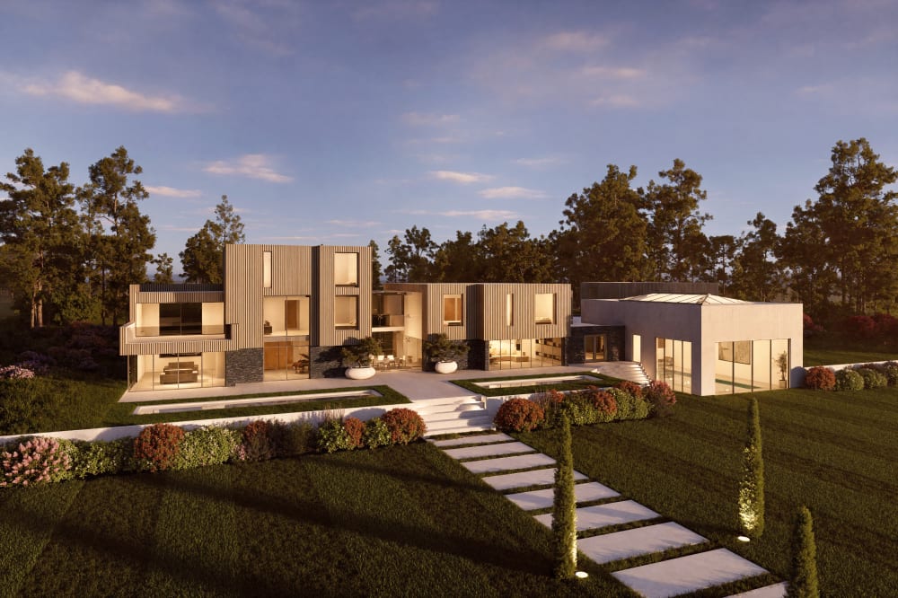 Modern luxury residence with vertical wood cladding, geometric volumes, glass walls, and landscaped garden at dusk