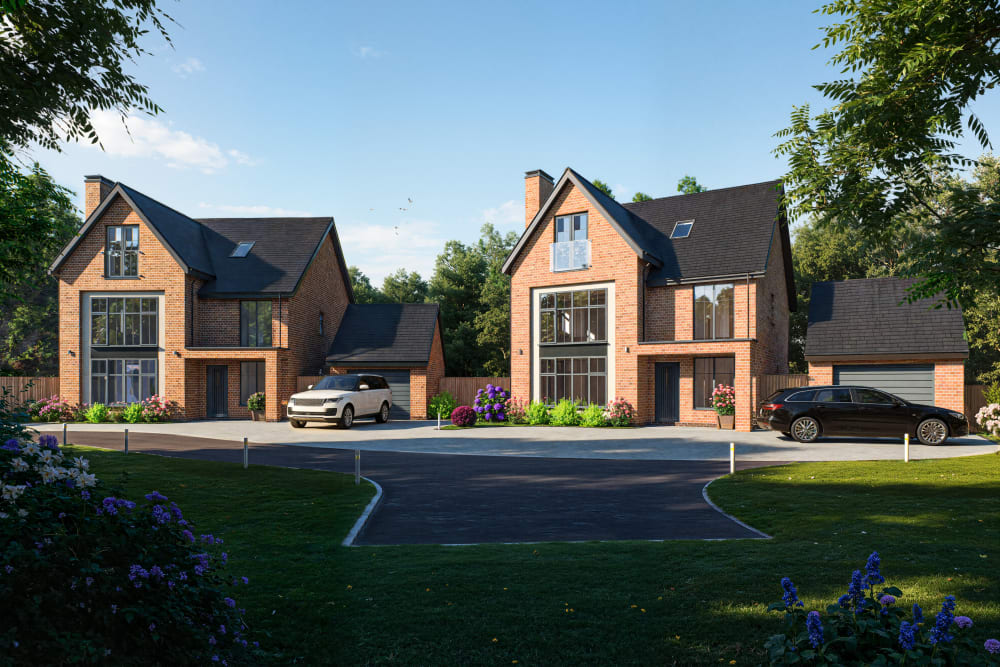 Two modern brick detached homes with gabled roofs, large windows, attached garages, and landscaped driveways