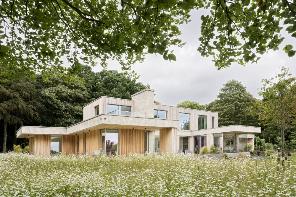Contemporary two-storey house with timber cladding and cantilevered upper floor, framed by trees and a wildflower meadow