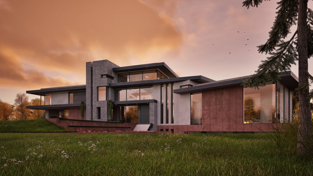 Modern luxury residence with multi-level design featuring stone and copper cladding, floor-to-ceiling windows at dusk