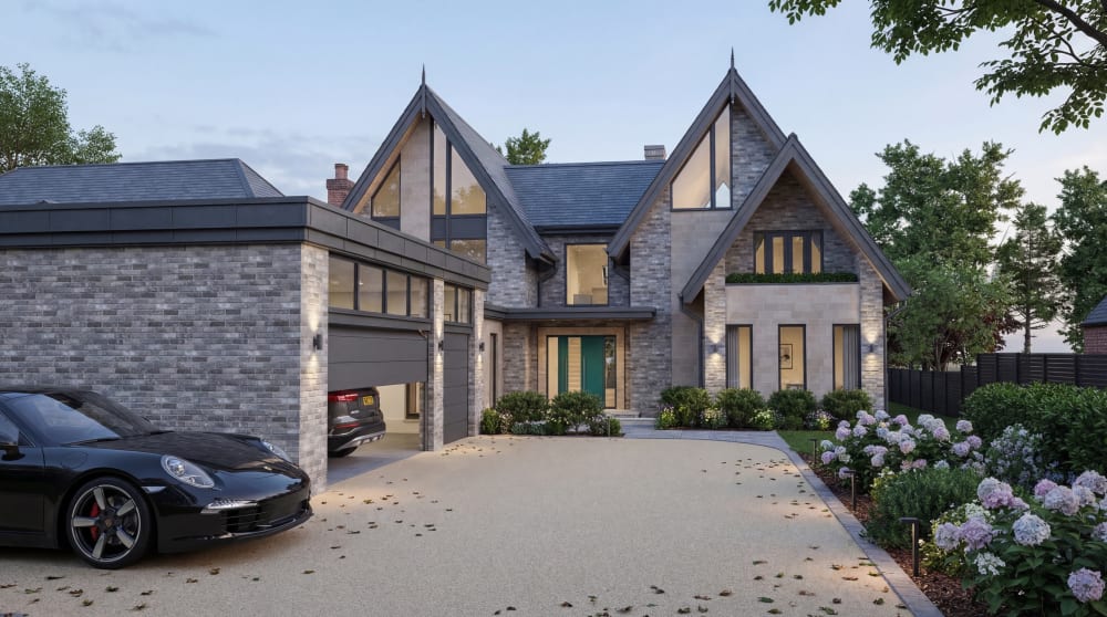 Twin-gabled contemporary home with grey brick facade, glazed gable ends, and integrated double garage at dusk