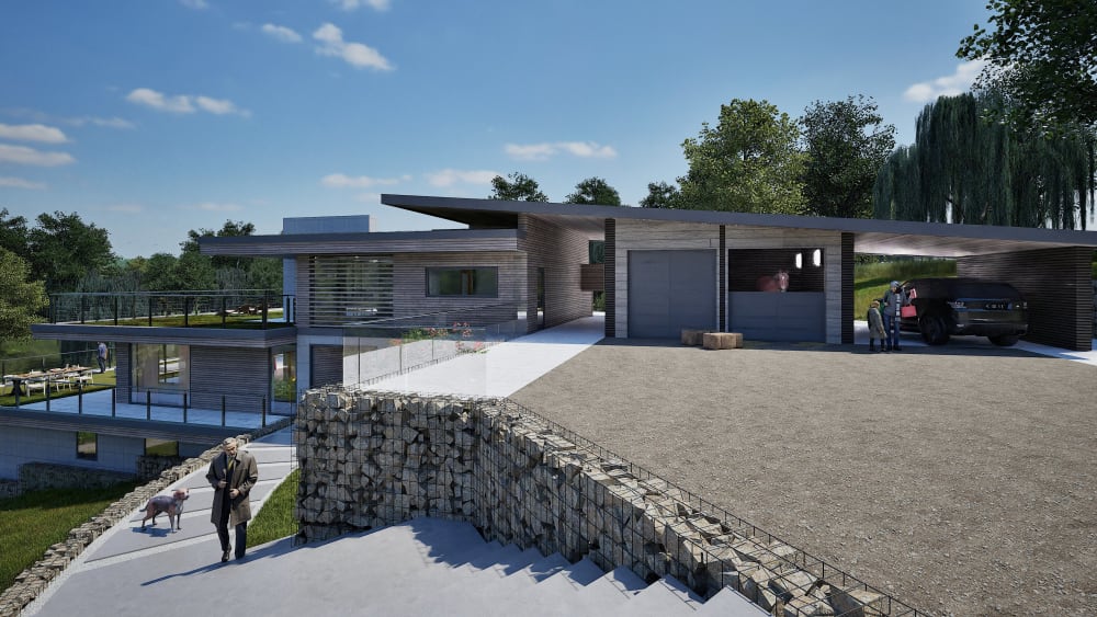 Modern hillside residence with horizontal wood cladding, cantilevered upper level, gabion retaining walls, and covered carport
