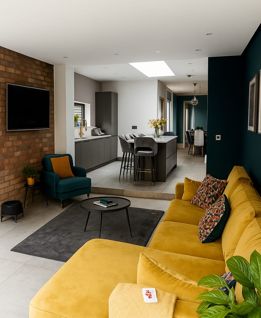 Modern open-plan living space with mustard yellow sofa, teal accent wall, exposed brick, and sleek grey kitchen