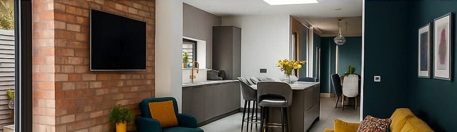 Modern open-plan kitchen and living space with grey cabinetry, breakfast bar, exposed brick wall, and teal accent walls