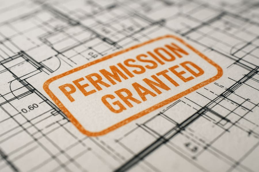 Orange 'Permission Granted' stamp on architectural blueprint floor plans with measurements