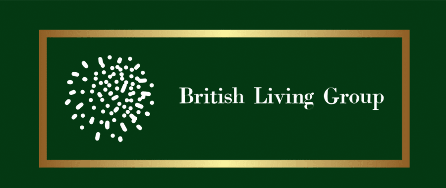 British Living Group logo with white dot cluster on dark green background and gold border