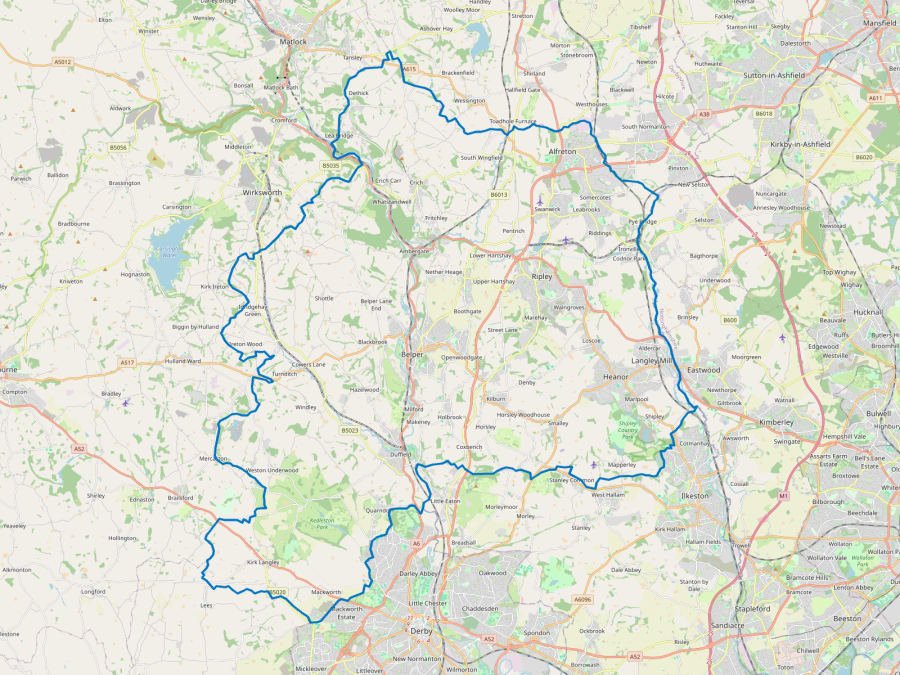 Map showing cycling or walking route through Derbyshire area including Matlock, Wirksworth, Belper, and Derby regions